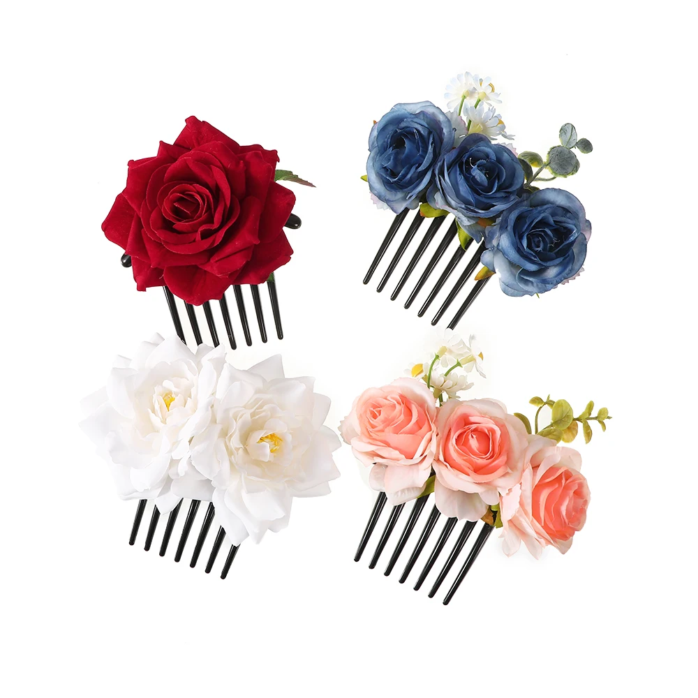 AWAYTR Boho Double Flannel Rose Hair Clips For Women Girl Hair Band Fork Comb Hairpin Flower Jewelry Hair Accessories