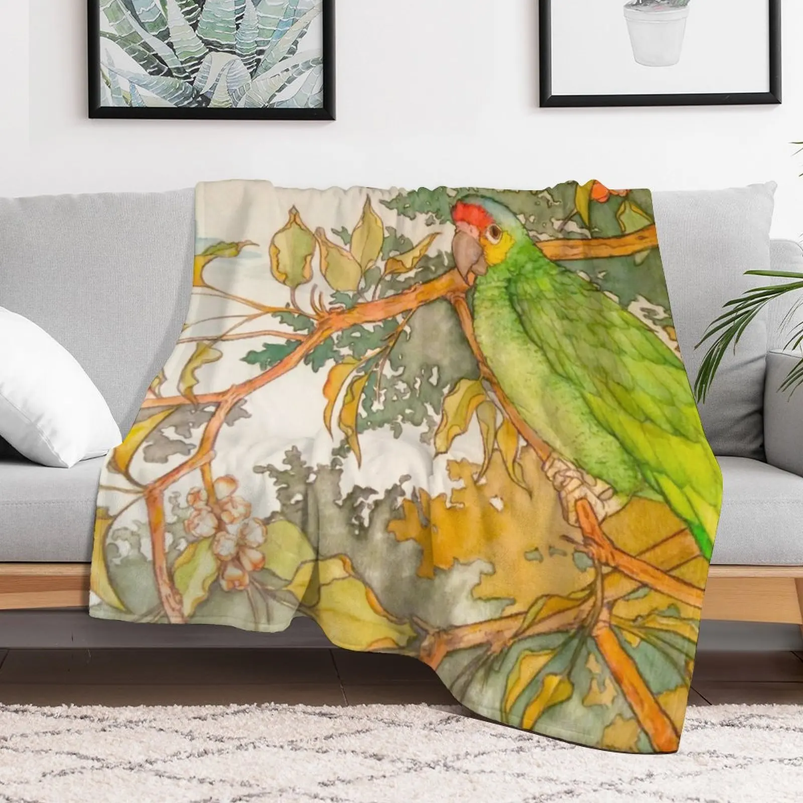 Red Lored Amazon Parrot Watercolor Throw Blanket