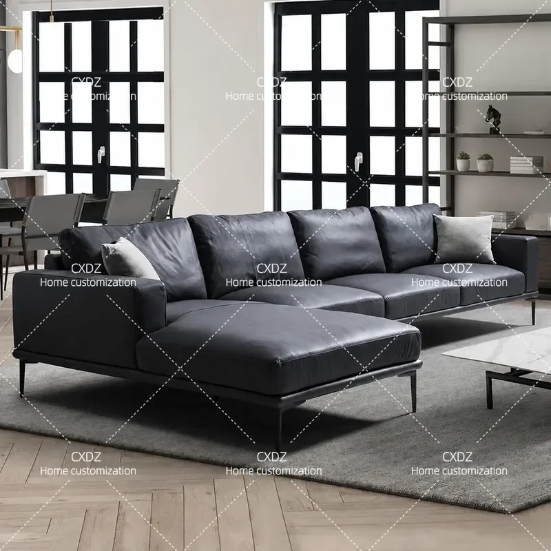Italian Minimalist Black Leather Straight Three Seater Sofa Medium Antique Corner First Layer Cowhide Small Apartment