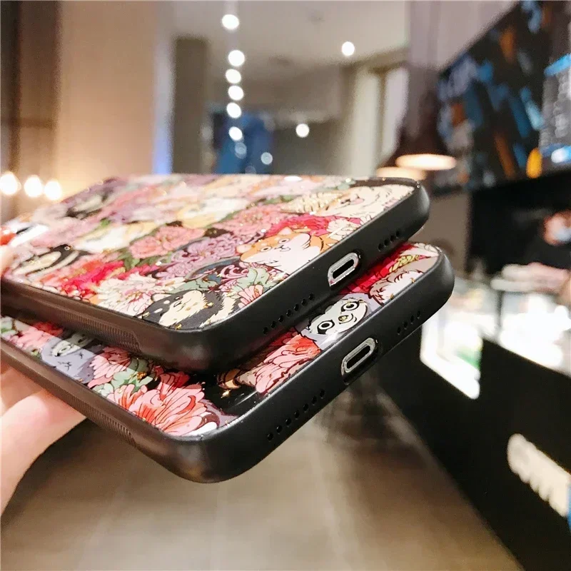 Cute Cartoon Silicone Case For iPhone 16 15 14 13 12 11 Pro Max Plus Flower Shiba Inu Dog Sloth Leopard Glitter Shockproof Cover