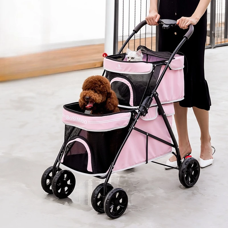 عربة أطفال محمولة بطبقة مزدوجة للحيوانات الأليفة خفيفة الوزن للغاية وقابلة للطي ومساحة كبيرة عربة أطفال للقطط والكلاب للسفر في الهواء الطلق عربة أطفال للحيوانات الأليفة