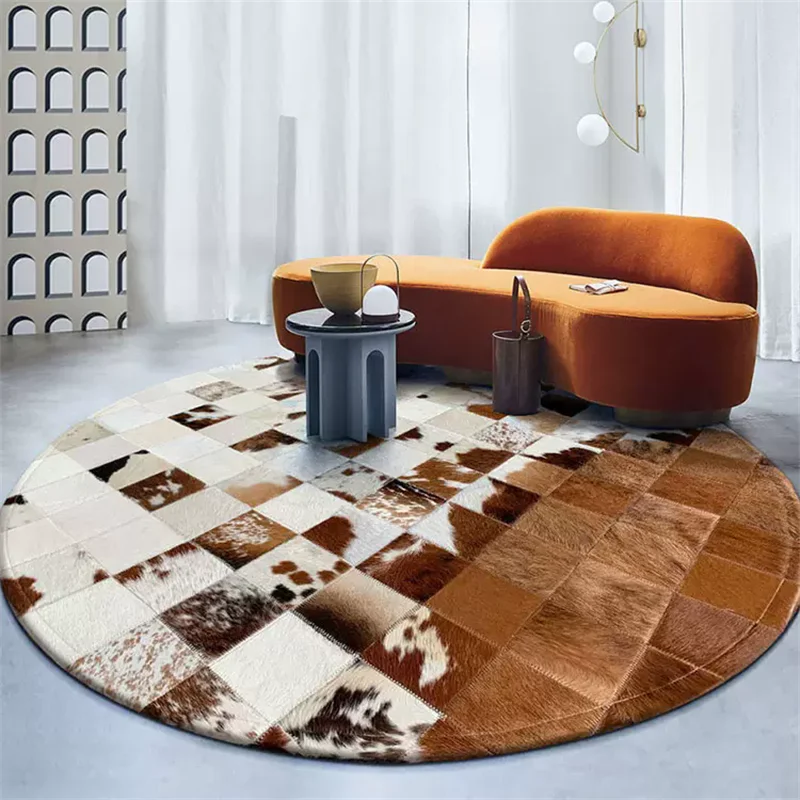 Light Luxury Brown Cowhide Round Carpet Living Room Customized Size Rugs For Bedroom Home Coffee Table Floor Mat Piano Area Rug