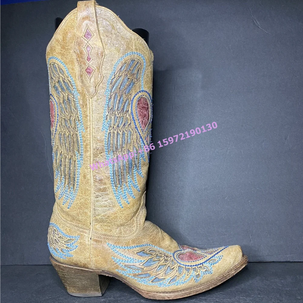 Heart Retro Embroidery Boots Pointy Toe Chunky Heels Slip On Cowgirls All Match Boots Mixed Color Hotties Street Style Shoes