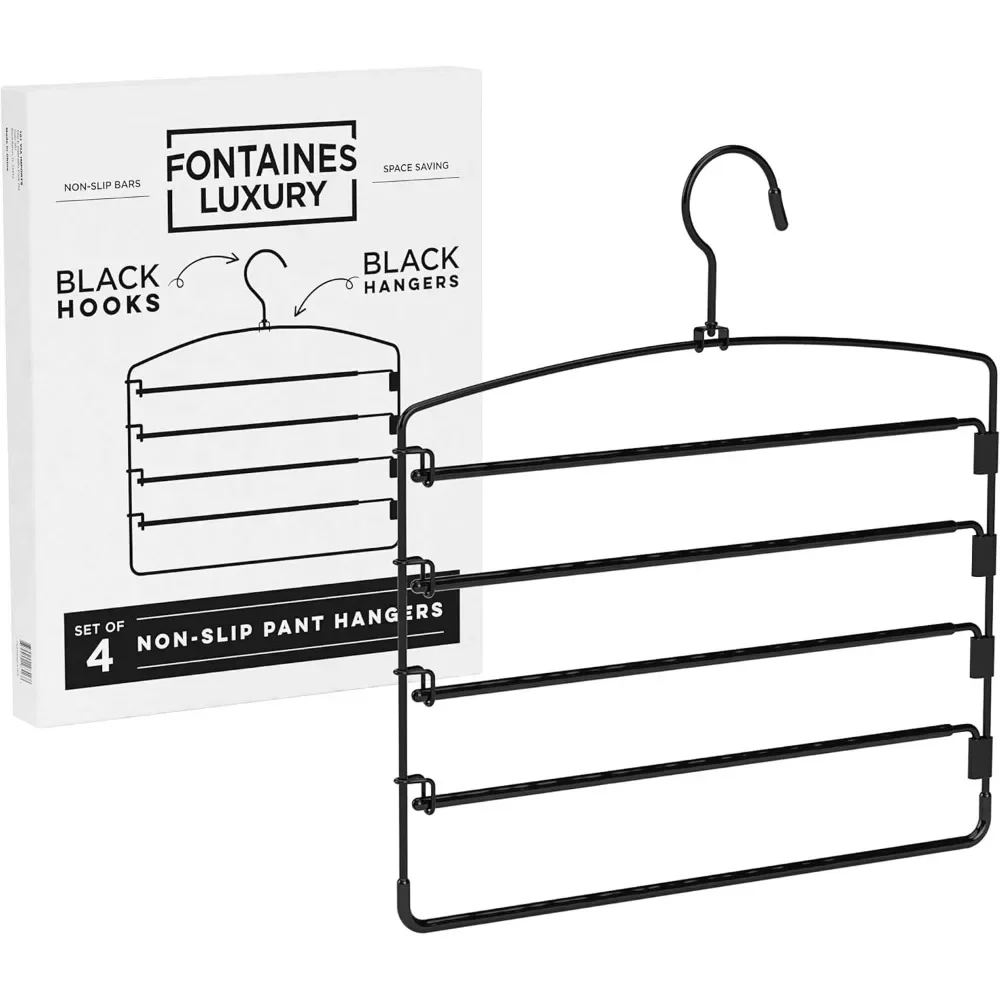 5 Tier Pants Hangers 4 Pack - Ultra Slim & Space Saving - Heavy Duty Metal Swivel Hook with Swing Arm