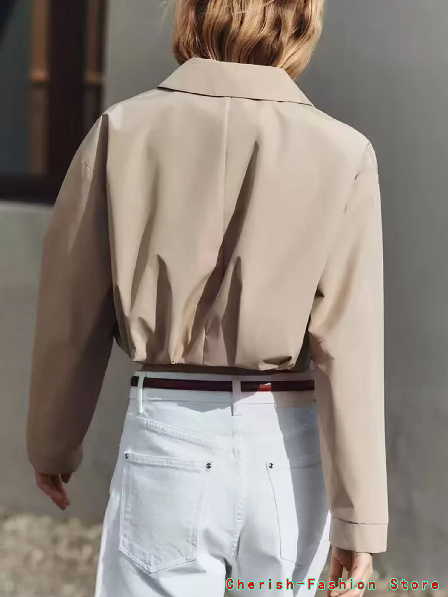 Zomer nieuwe eenvoudige en modieuze ritssluiting zichtbare taille geplooide decoratie brede revers lange mouwen korte jas casual jas Hot