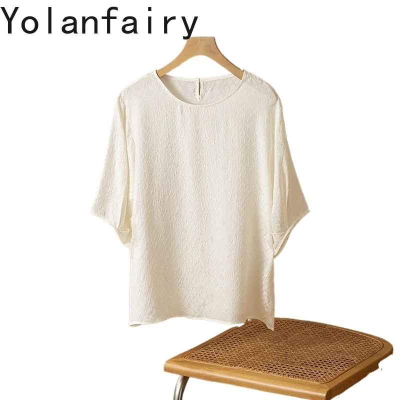 YOLANFAIRY Real 100% Mulberry Silk T Shirts for Woman Round-neck Loose Casual Versatile Tees Summer Tops Elegant T Shirt Dames