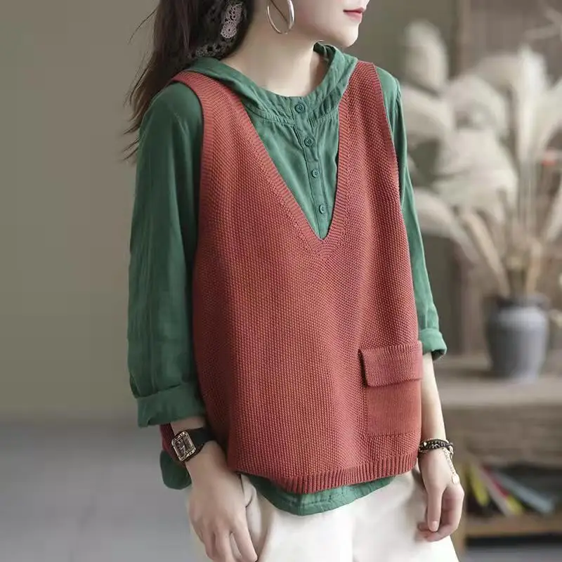 Spring Autumn New Fashion V-neck Solid Color Sweater Vest Women\'s Clothing Pockets Loose Casual All-match Korean Knitting Tops