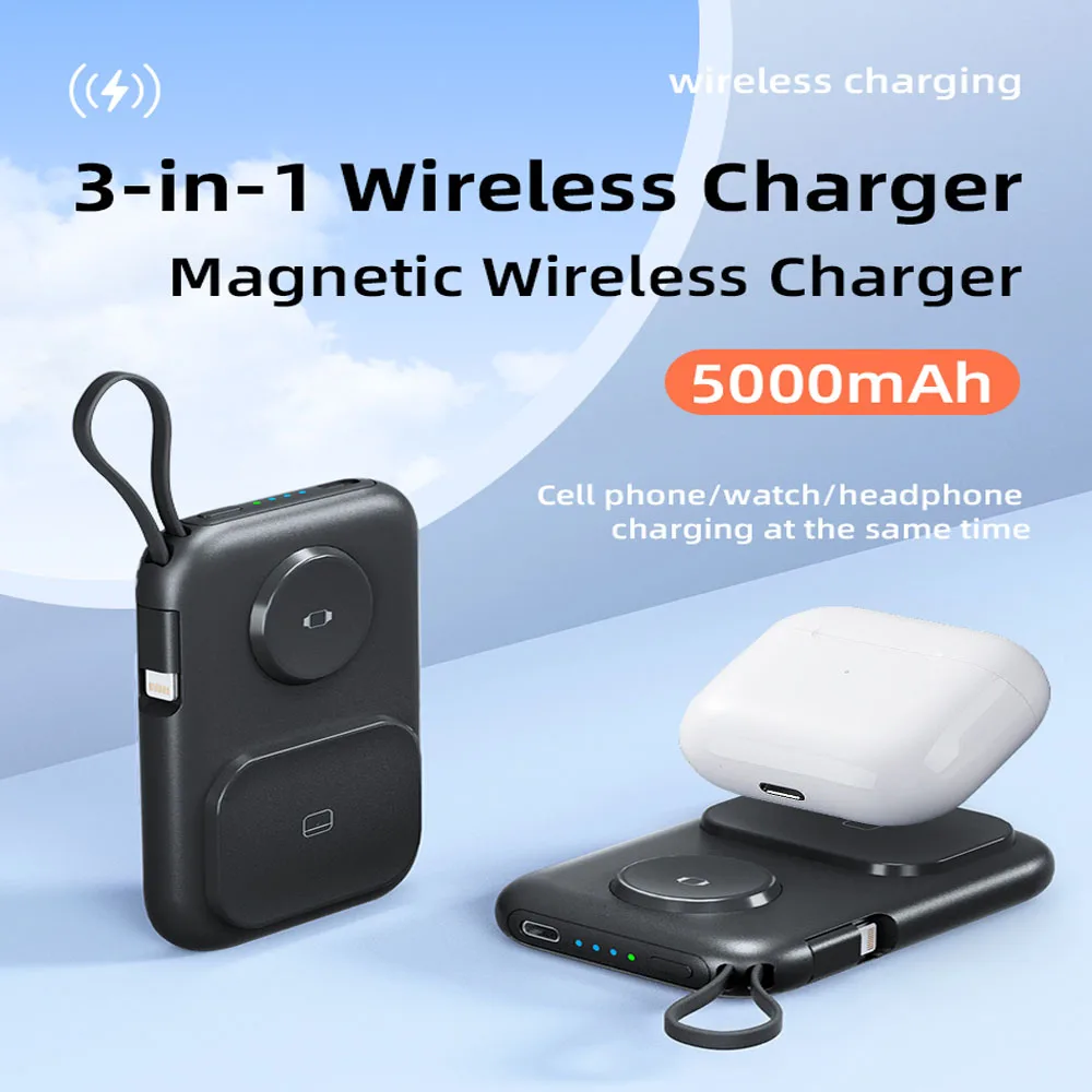 PSOOO 3 in 1 5000mAh Magnetic Power Bank for Apple AirPods 2/3 Watch 9/8/Ultra/7/6/5/4/3/2/SE iWatch Charger Powerbank