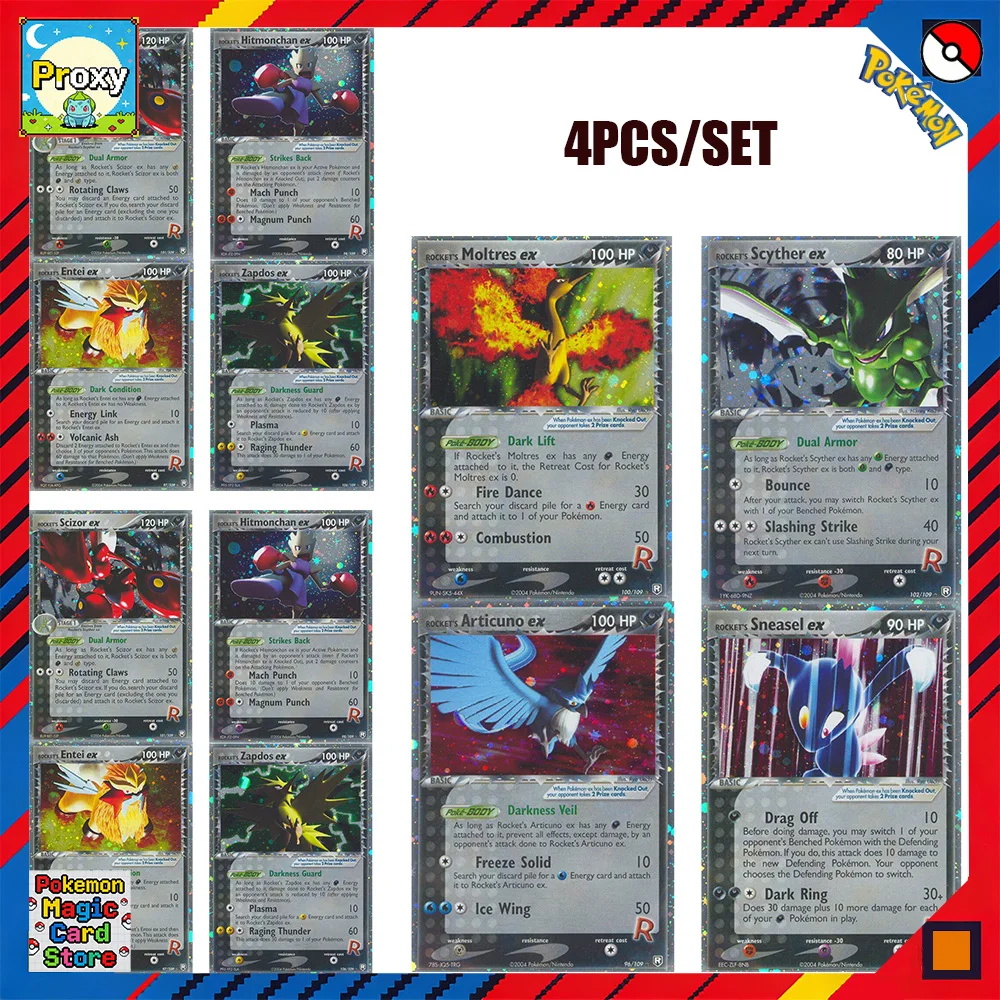 

Коллекционные карты Покемон (4 шт.): Серия R, фольгированные, эффект «Звездное небо», с изображениями Снорлакс, Суичун, Хитмончан, Сизор, Артикуно, Сайтер/EX PTCG Trading