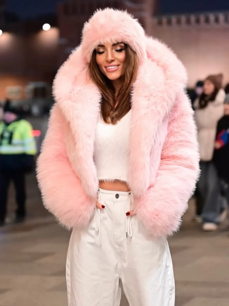 트렌딕스 핑크 인조 모피 코트 여성용 겨울 패션 루즈핏 긴팔 코트 여성 스트릿 패션 아우터 따뜻한 후드 퍼 코트