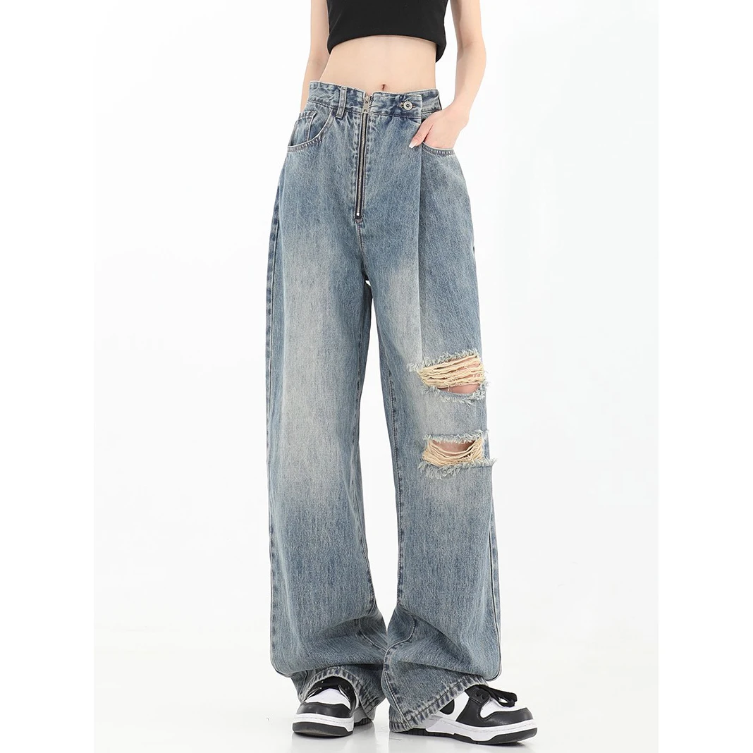 

Women Baggy Blue Ripped Jeans Vintage Aesthetic Cowboy Pants Harajuku Denim Trouser Streetwear Y2k 2000s Trashy Oversize Clothes