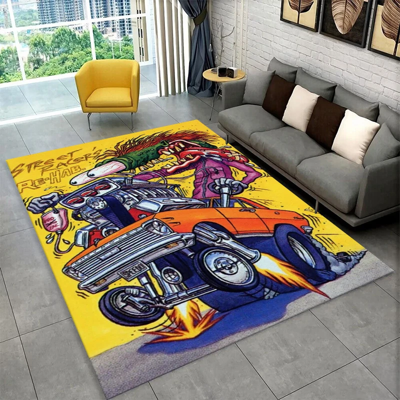

3D-коврик с изображением мультяшного гоночного автомобиля Rat Fink для спальни, гостиной, дивана, прихожей, домашнего декора, детский игровой коврик, нескользящий