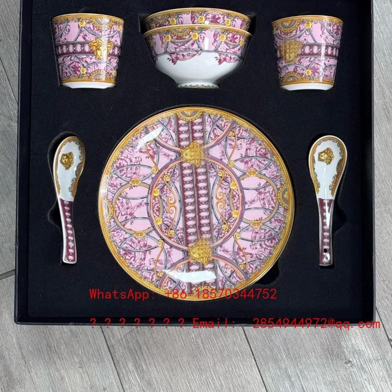 European-style Pink and Green Household Tableware, Dinner Plate, Rice Bowl, Cup, Water Cup, Spoon Set, Gift Box.