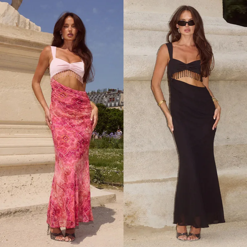 

Y2K Sexy Women’s Dress Sleeveless Hollow Out Tassel Design Side Ruched Backless Long Bodycon Dress For Summer Clubwear Vestidos
