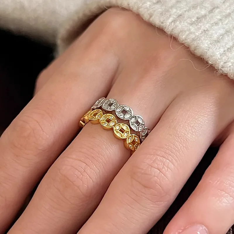 

S925 Sterling Silver Geometric Square Copper Coin Zircon Adjustable Opening Rings for Women Fine Jewelry Minimalist Accessories
