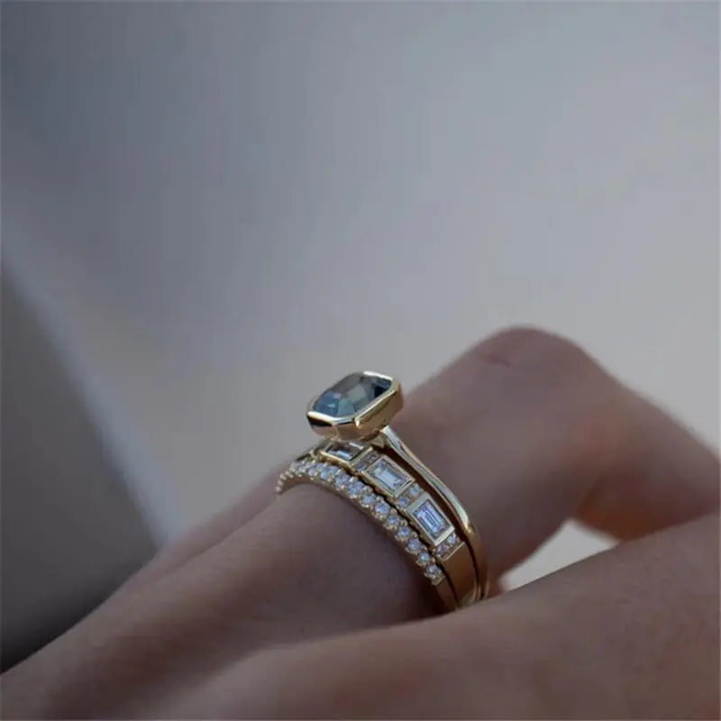 3pcs Acid Blue Crystal Rings for Women Fashion Yellow Gold Color Wedding Women\'s Ring Luxury Brand Jewelry Gifts Accessories