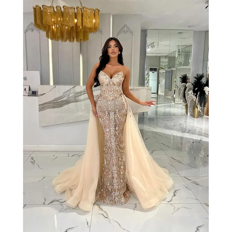 

Dubai Arabic Champagne Mermaid Evening Dresses With Overskirt Sweetheart Formal Prom Dress Beading Lace Luxury Red Carpet Gown