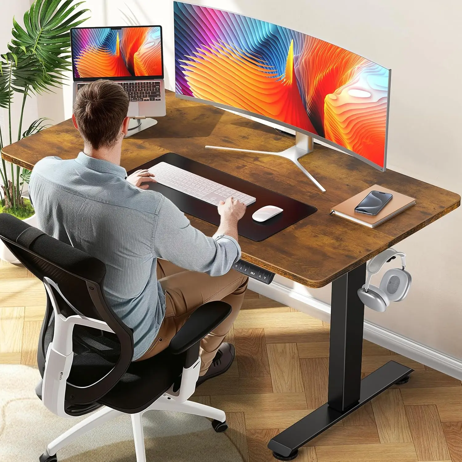 47.2 Inch Electric Standing Desk, Height Adjustable Sit Stand Up, Cable Clip, Wood Desktop, Work Home Office Computer PC Table,