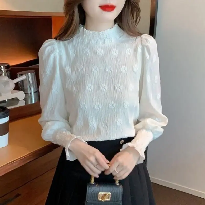 Blusa holgada de encaje con volantes para mujer, Jersey de manga abombada, estilo informal, Color sólido, Primavera, 2023
