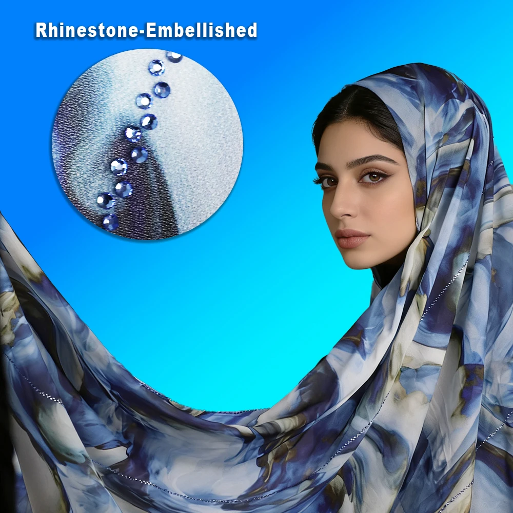 

Синий и белый акварельный шифоновый шарф | Мягкая драпировка с отделкой из сверкающих стразов2617