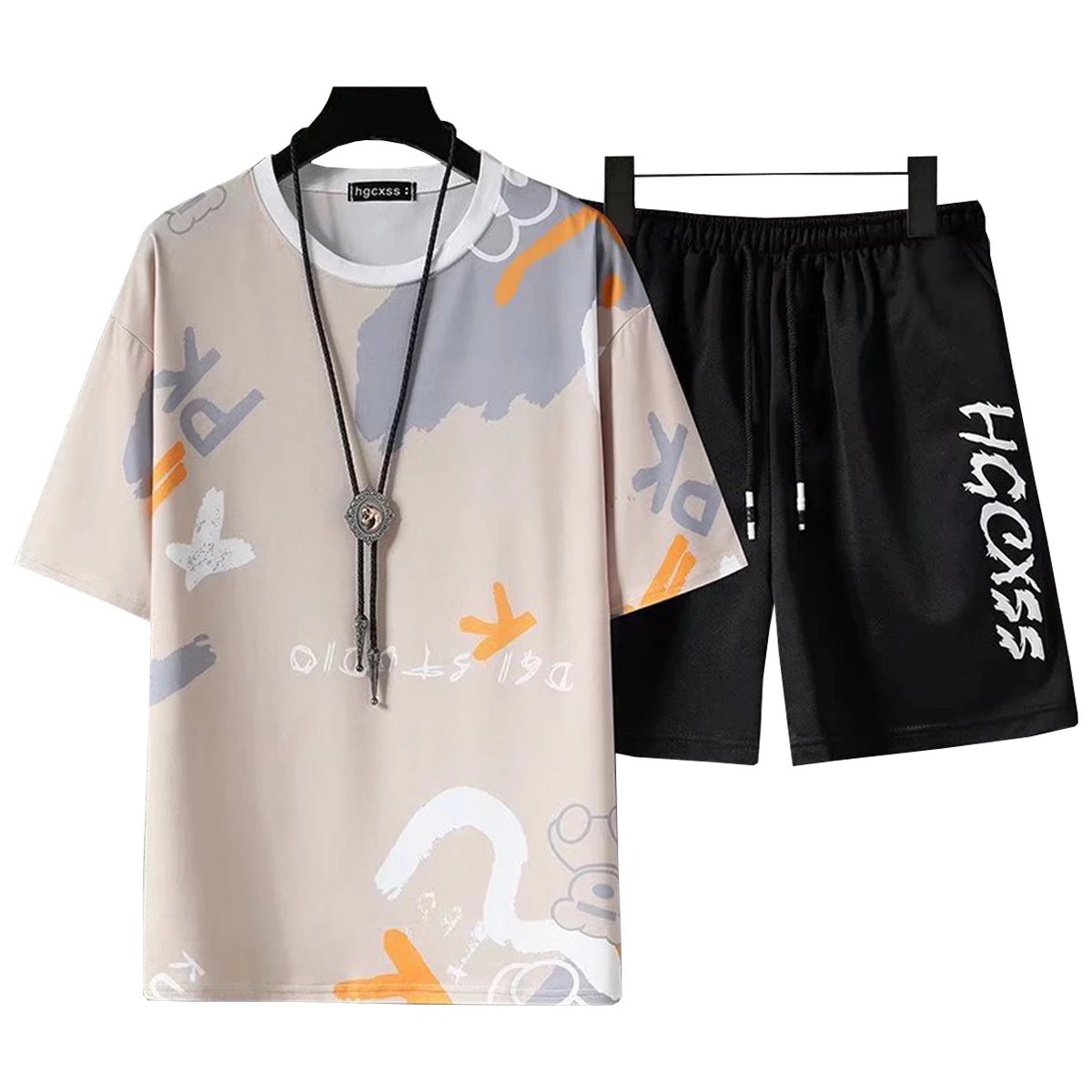 Men's Short Sleeved T-shirt Casual Shorts Letter Gradient Printed Pattern Round Neck Top Youth Student Summer Sportswear