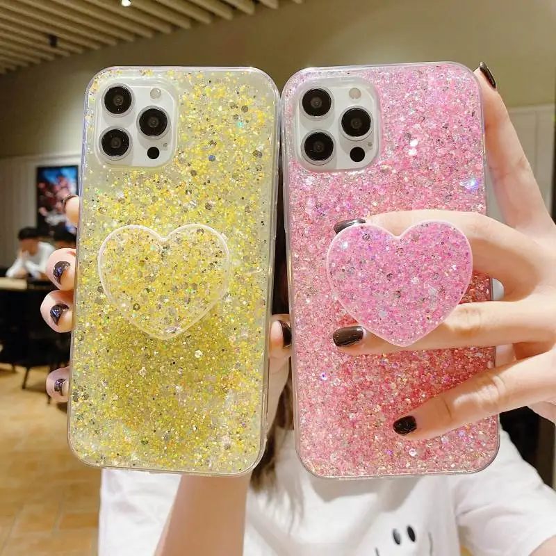 Fashion Love Bracket Phone Accessories for iPhone 15, 13, 14Pro Max, 12, 11, XR, XS, 8, 7 Plus Colour Glitter Back Cover, 15 Pro