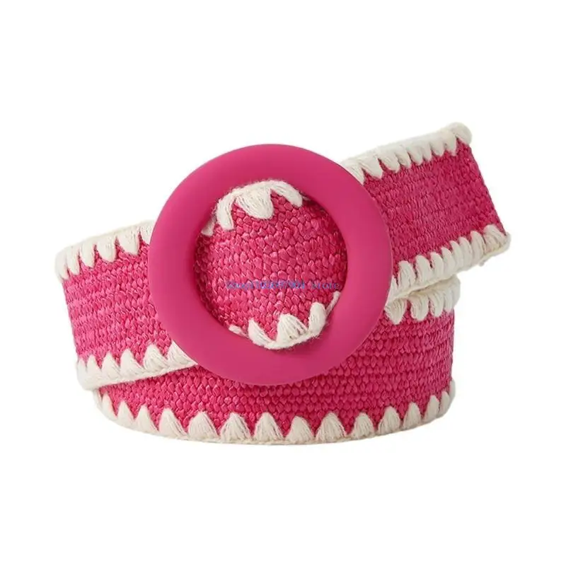 

N7YF Braided Waist Belt Summer Female Belt Smooth Buckle Colorful Straw Wide Belts