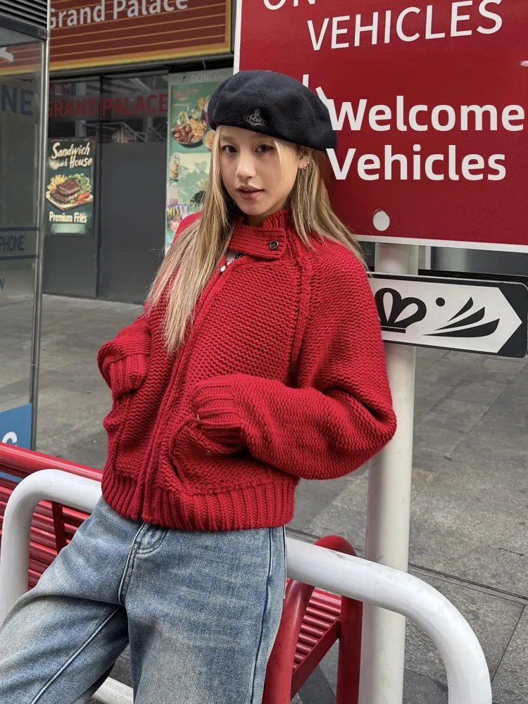

Red Knitted Sweater Coat Lazy Sle Autumn Winter Women's Clothing Street Sle Loose Fit Long Sve Zipper Closure Casual Wear