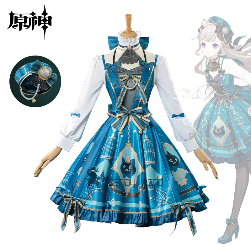 

Genshin Impact Lynette Cosplay Costumes Dress Headwear Hat Bag Props Full Set For Women Girls Men Fontaine Halloween Carnival