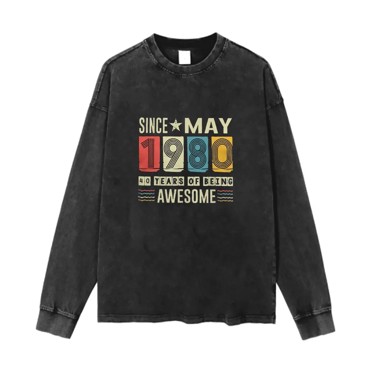 Since May 1980 40 Years of Being Awesome Text Washed Vintage Long Sleeves Cotton Tee Shirt Solid O Collared