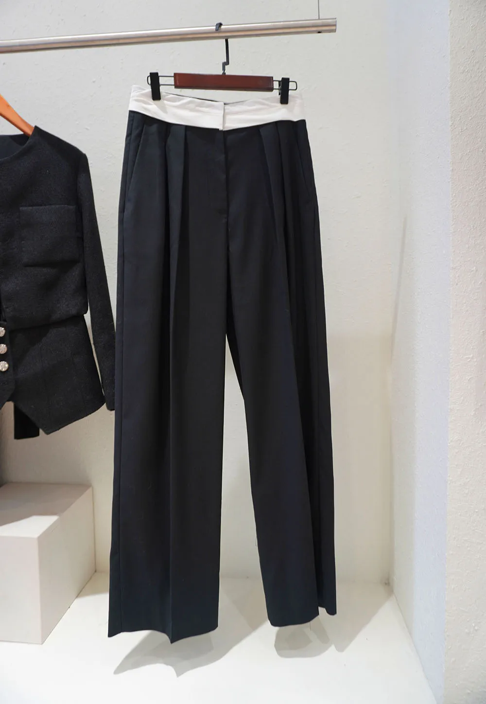 بنطلون نسائي عصري بخصر مرتفع وتصميم مرقع من الصوف، قصة مستقيمة، تصميم نحيف، بنطلون أنيق عالي الجودة للنساء #2