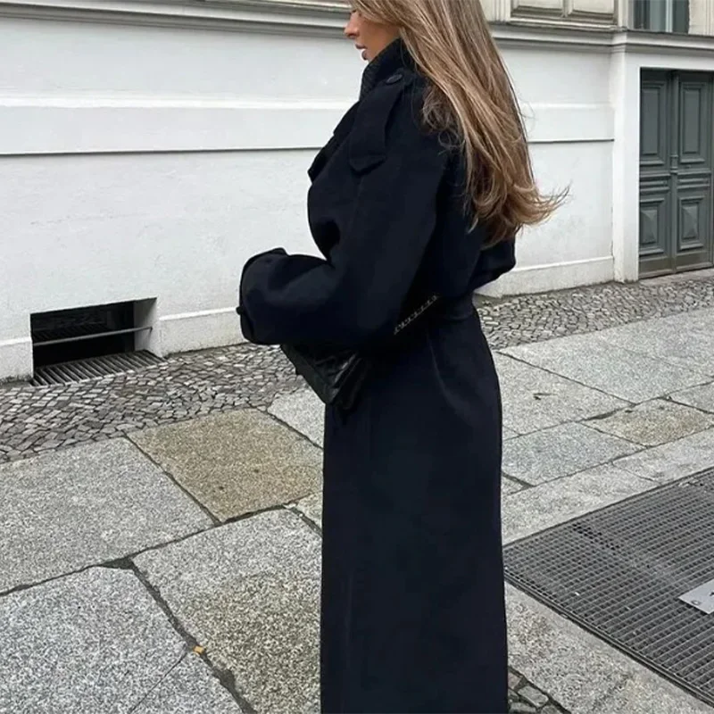 Schnürmantel aus Wolle für Damen, Umlegekragen, zweireihig, Epaulet-Tasche, solide Damenmäntel, elegante klassische Mäntel für Damen