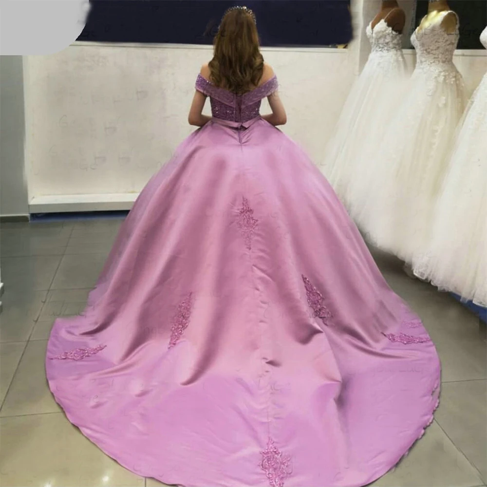 핑크 비즈 오프 어깨 Quinceanera 이브닝 드레스 푹신한 볼 가운 댄스 파티 드레스 레이스 UpSatin vestidos elegantes 파라 mujer паатье