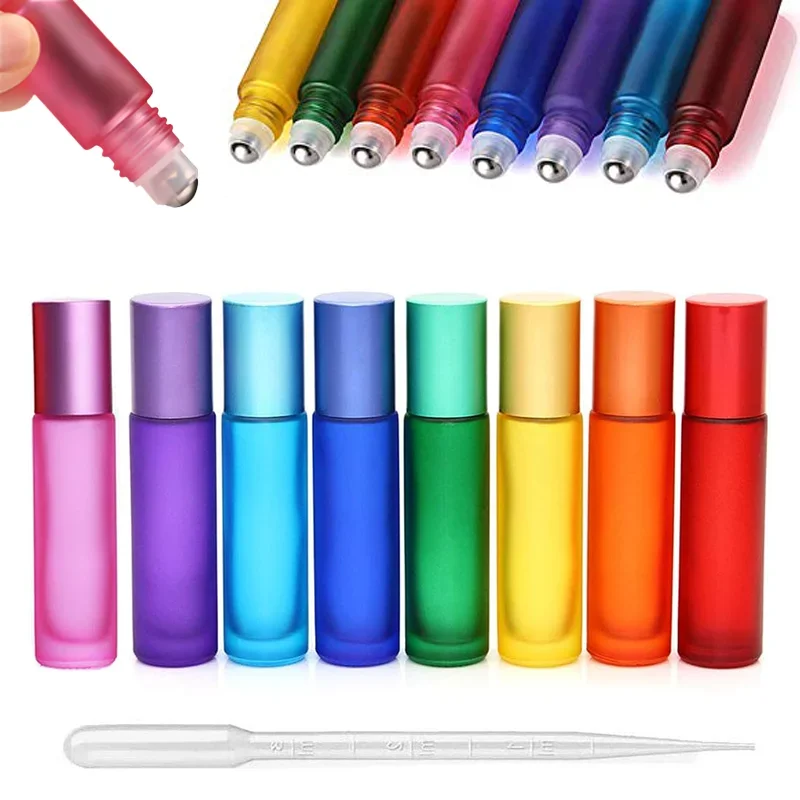 5pcs 5ml10ml Frosted Glass Essential Oil Roller Bottles W/ Opener Funnels Multicolor Travel Refillable Vial Aromatherapy Perfume