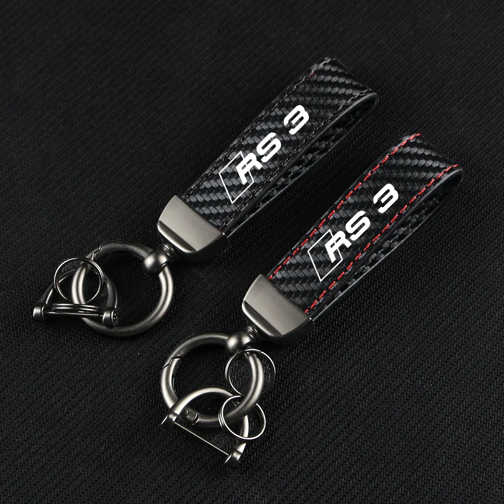 

Carbon Fiber Leather Rope Car Keychain Key Chain Pendant Keyring Horseshoe Buckle for RS3 RS4 RS6 RS7 Auto Styling Accessories