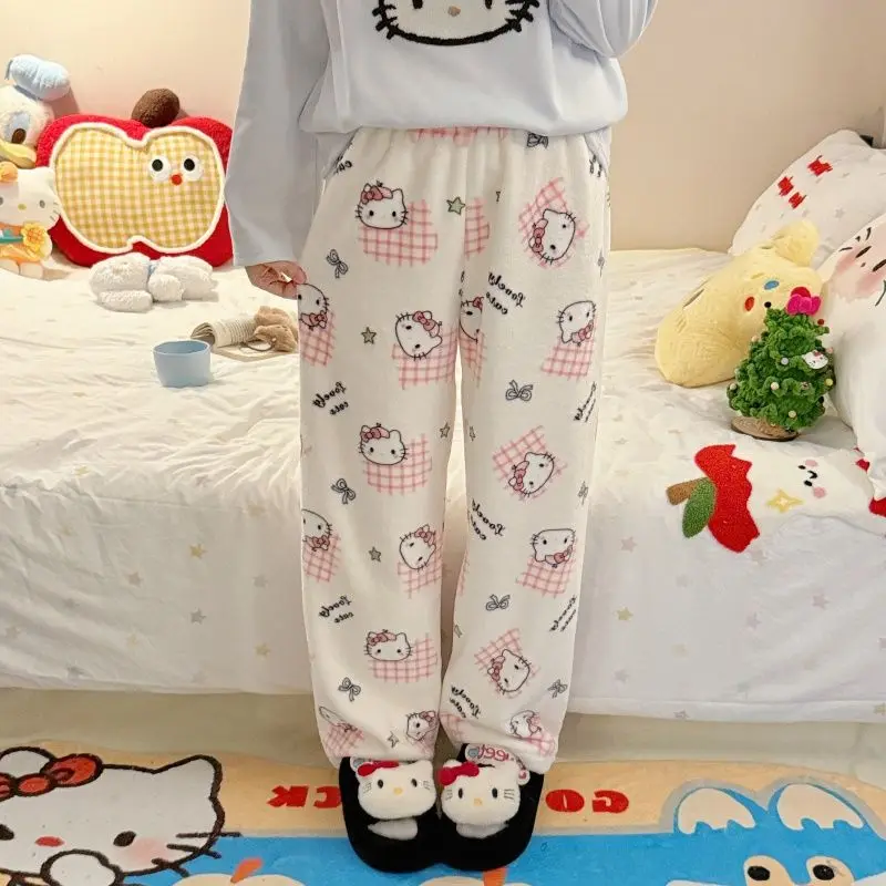 

Женские фланелевые пижамные штаны «Hello Kitty», зимняя мягкая термобелье для дома, уютная одежда для сна, домашняя одежда, милый подарок для пары с героями мультфильмов