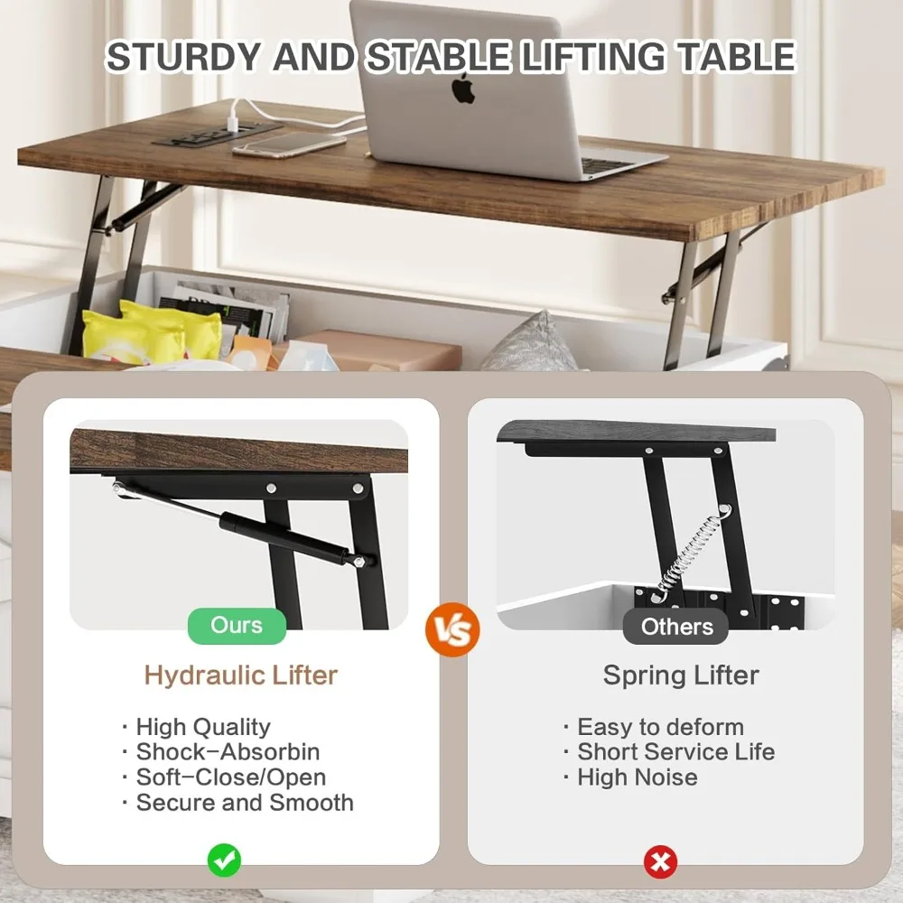 Preferred Lift Top Coffee Table with Storage, Square Coffee Table for Living Room with Charging Ports, Farmhouse Dining Table wi