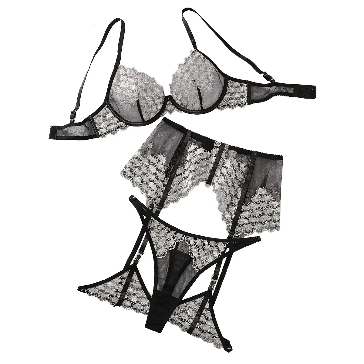 

CHUANGERM сексуальный женский комплект нижнего белья с черной отделкой из перьев, сетчатый бюстгальтер, трусики с подвязками, комплект нижнего белья из 4 предметов, хит продаж