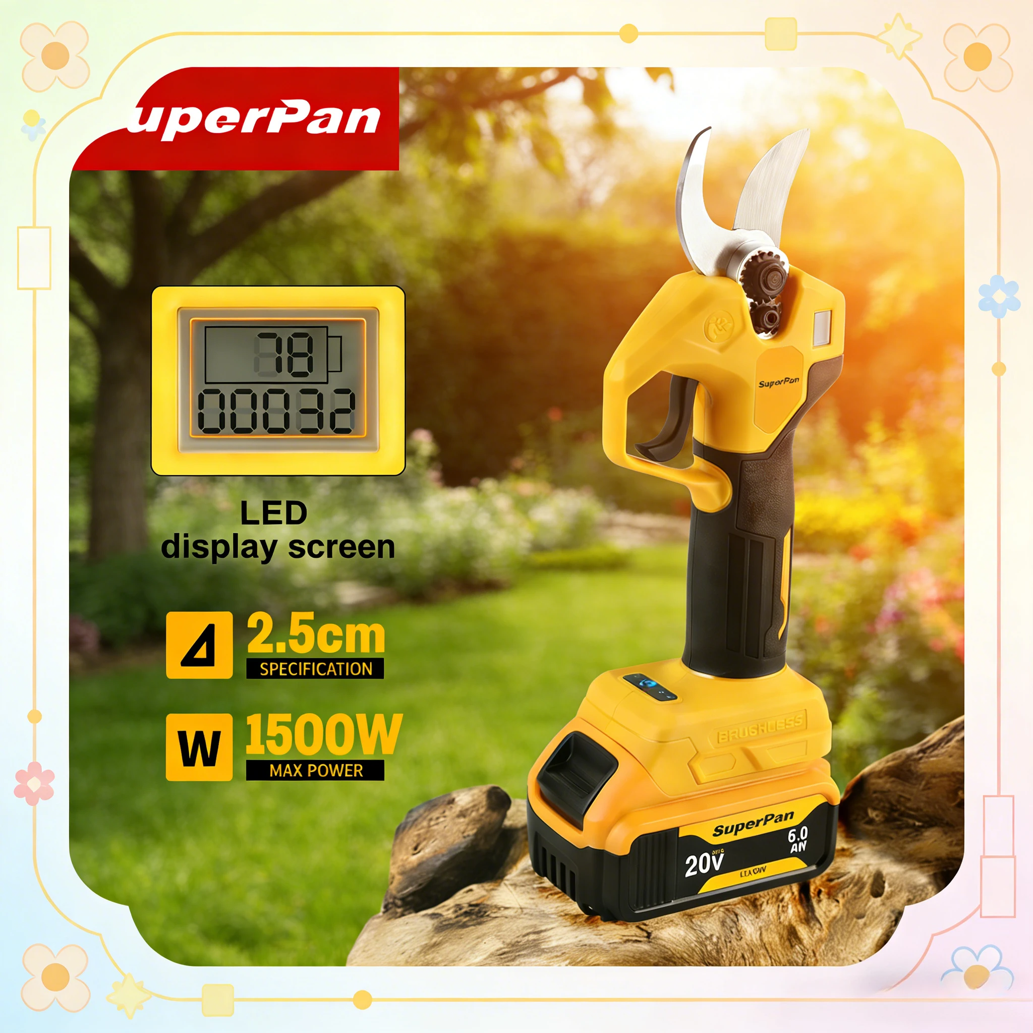 

Аккумуляторные секаторы SuperPan с 4-ступенчатой регулировкой скорости, инструменты для обрезки сада, совместимые с аккумулятором DeWalt 20V.