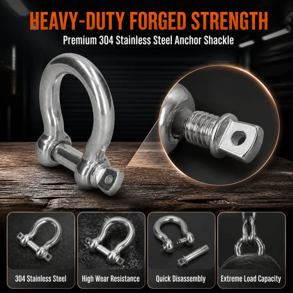 6pcs Secure Bow Shape Design Screw Pin Shackle Durable Heavy Duty Clevis Connector Bow Shackle Rigging Use
