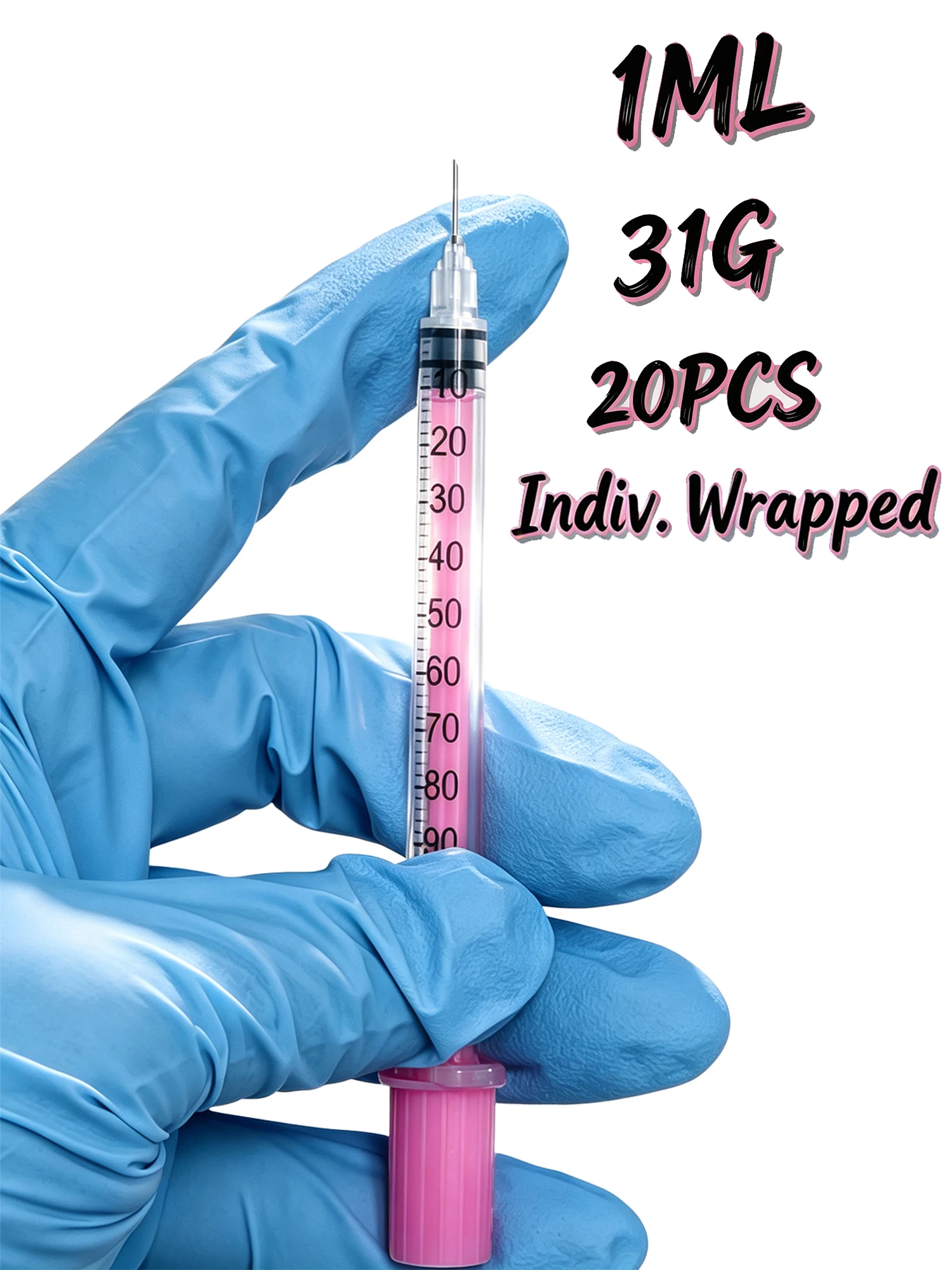 1ml U-100 31g Sterile Insulinspritze, rosa Kolben mit Kappe, präzise Graduierung, individuell. Verpackt, Labor & Schönheit, 20 Stück 8mm – Detail 4