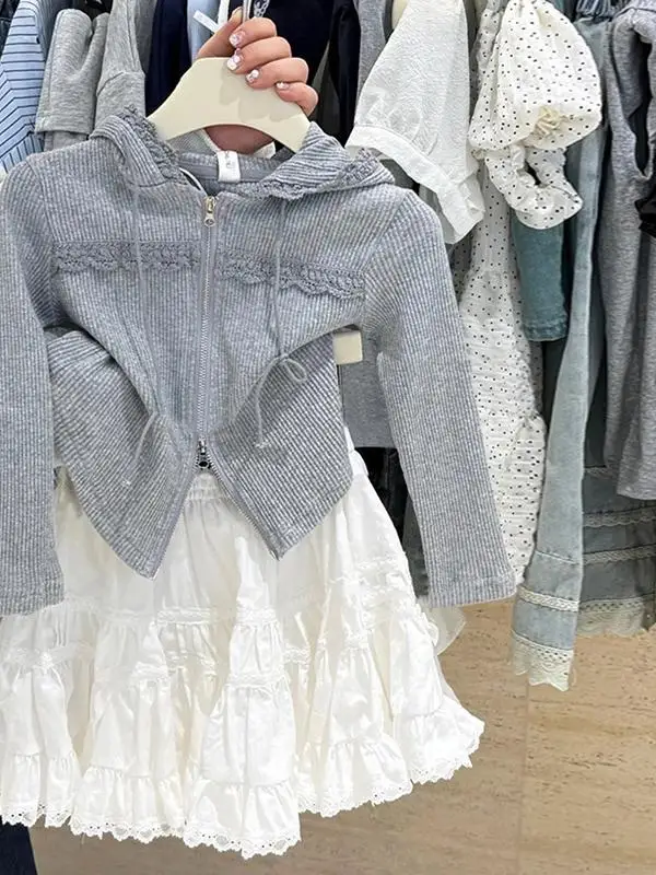 Sweet Sli Baby Girl's Korean Sle Set with Lace Trim f Skirt Two-Piece Suit Trendy Commute Long Sve  Color