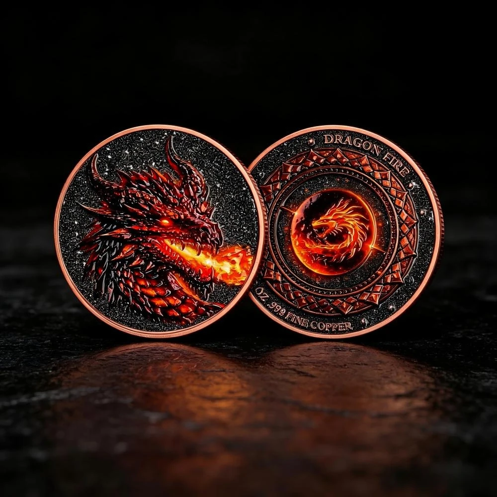 Fire Breathing Dragon 3D High Relief 1 oz .999 Fine Copper Coin Challenge Coins Pure Copper Commemorative Souvenir Gifts