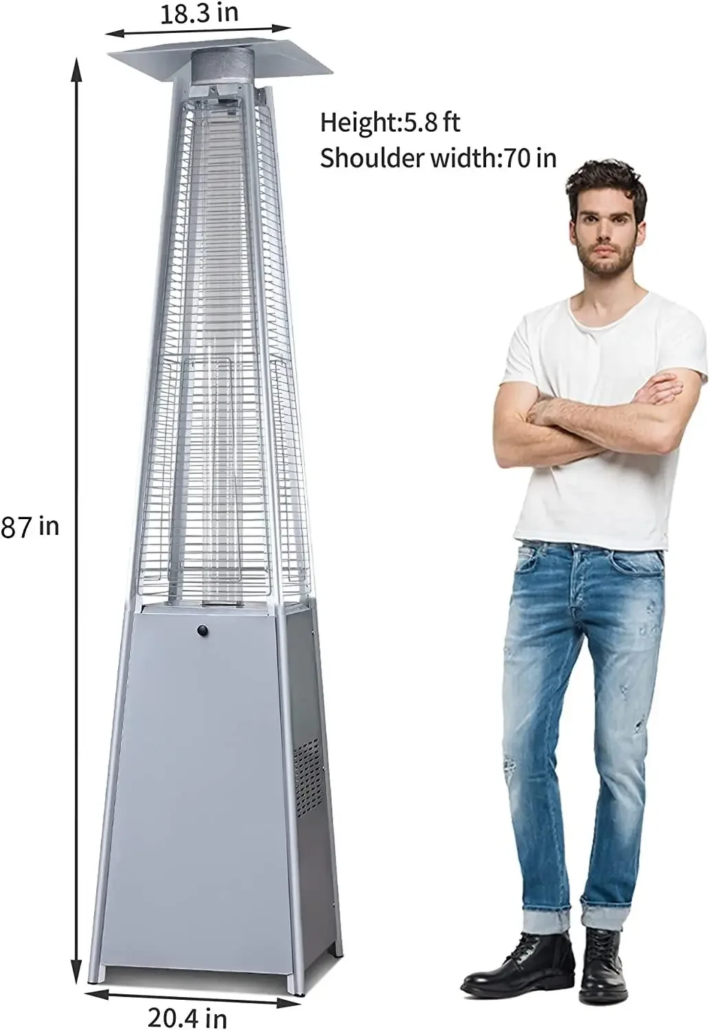 Manufacturer of Stainless Steel Traditional Style Pyramid Shape Outdoor Patio Heater with Gas Glass Tube Piezo Ignition Stocked