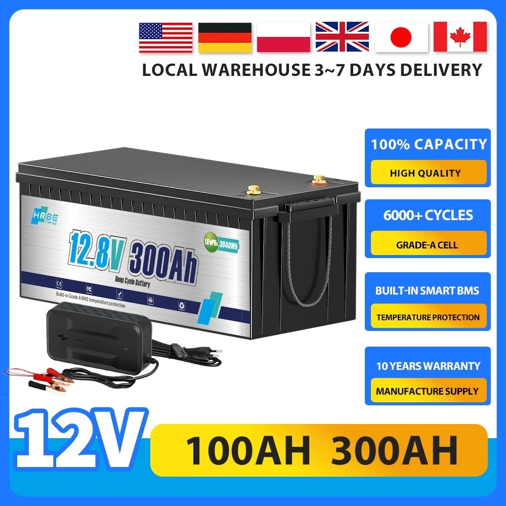 12V 100Ah 300Ah LiFePO4 Lithium Battery 6000+ Deep Cycle Lithium Iron Phosphate Battery,Built-in 100A BMS, for RV,Camping,Solar