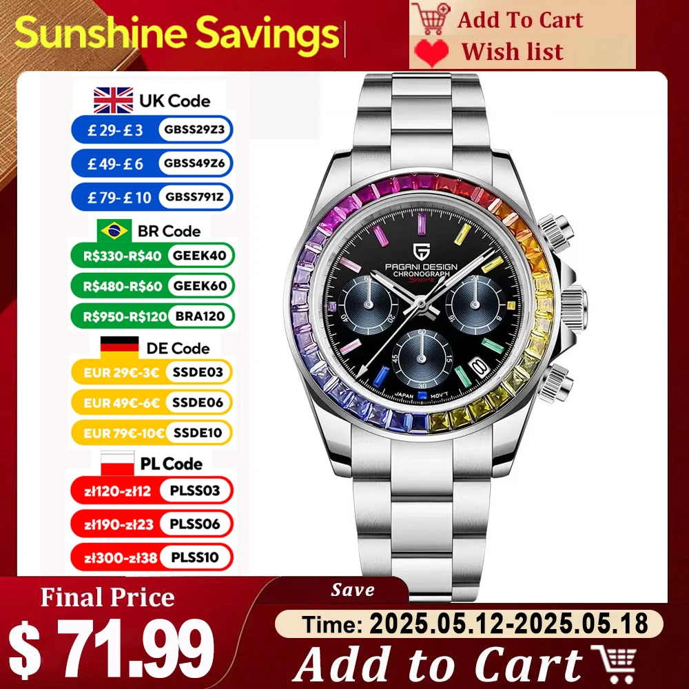 

Новинка 2025, PAGANI DESIGN Rainbow Circle PD1644, роскошные кварцевые часы для мужчин, автоматические наручные часы, мужские спортивные водонепроницаемые хронографы