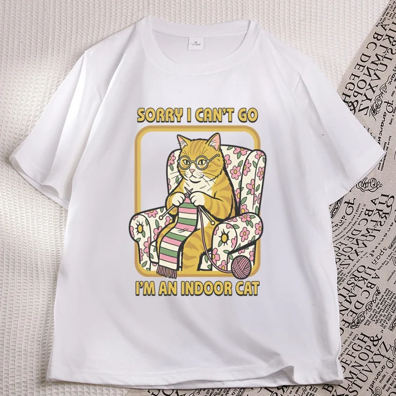 Sorry I Can't Go I'm An Indoor Cat T Shirt Funny Cat Printed T-Shirt Short Sleeve Round Neck Y2k Clothes Cat Lover Clothing Tees