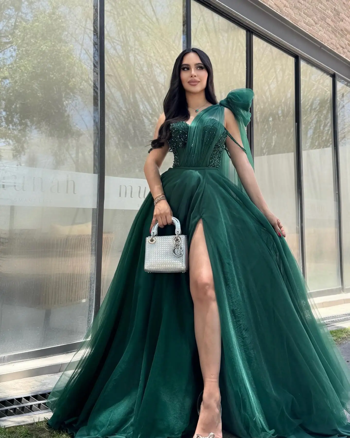 MVOZEIN Green Evening Dresses One-Shoulder Prom Dresses Tulle Puffy Hand-Beaded Elegant Women's Party Dresses Formal Occasion