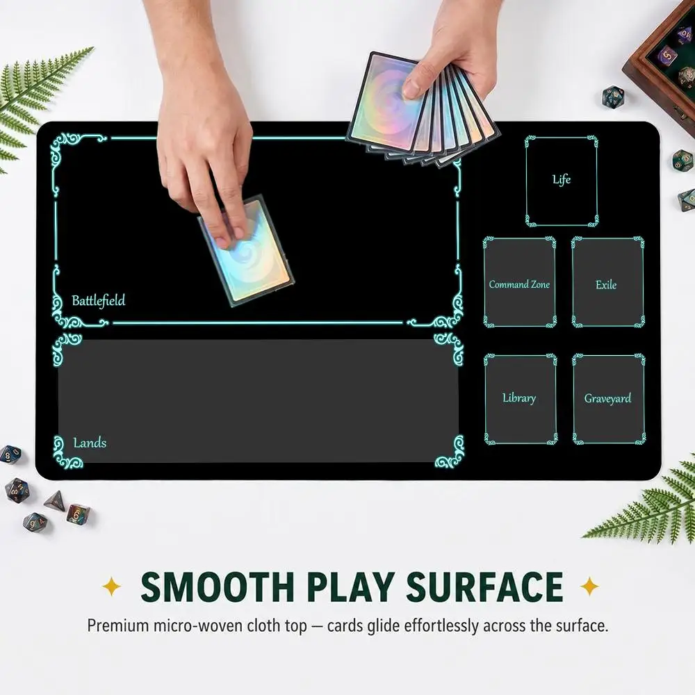 60x35cm Black Base Cyan Decorative Frame Play mat With Game Zones TCG Card Mat Anti‑Slip Rubber Desk Pad for The cards game