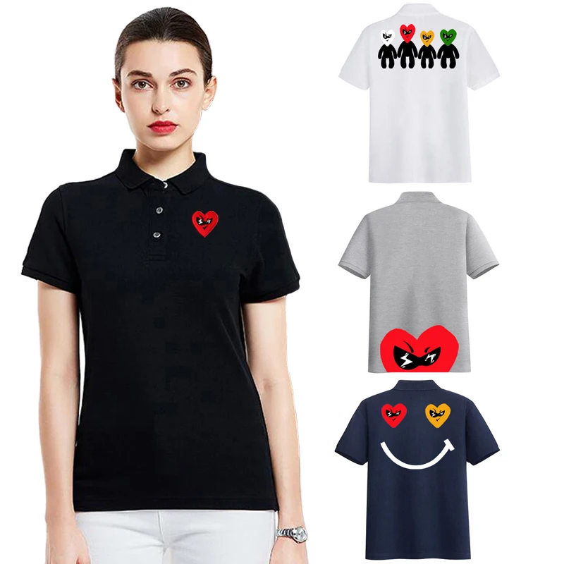 Break Egg Women POLO Shirt Cotton Red Heart Embroidery Cute Little Character Heart Print Short Sleeve Straight Summer POLO Shirt